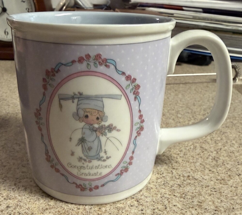 Precious Moments Graduation Mug Purple Polka-dot Congratulations, 1989 Ensco